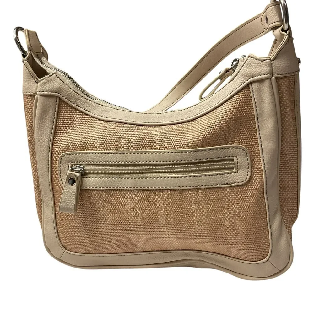 Franco Sarto Beige Textured Hobo Shoulder Bag w/ Front Zip Pocket Metal Logo‎